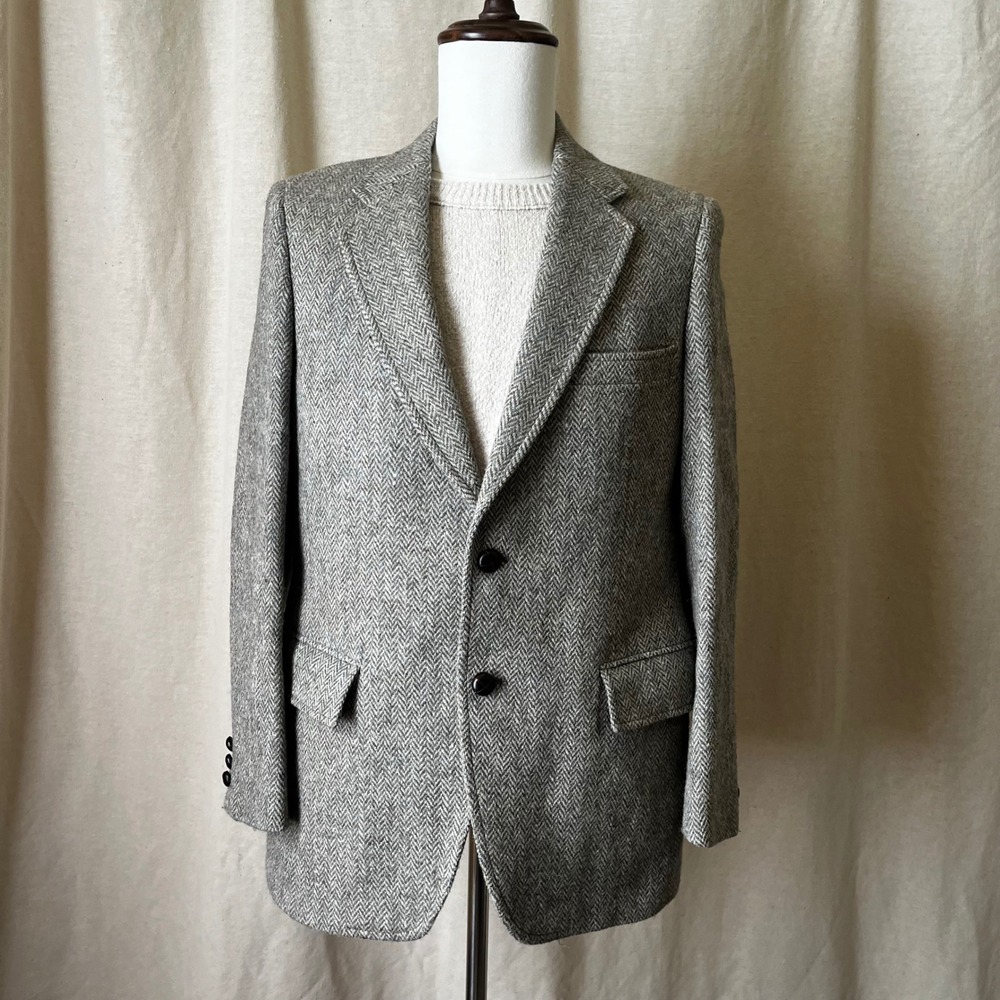 Vintage Harris Tweed Gray‎ Herringbone Wool Blazer Mens 38R